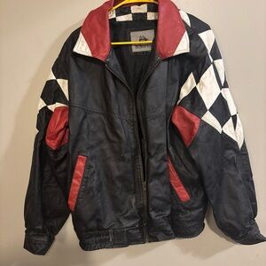 Burks Bay Mens Leather Racing Jacket Black Racing Checkered Full Zip Size L